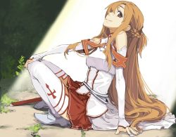 Rule 34 | 10s, 1girl, arm support, armor, asuna (sao), bare shoulders, breastplate, brown eyes, brown hair, detached sleeves, hand on own knee, highres, leaning back, long hair, mura (kanojo no oukoku), sidelocks, sitting, skirt, smile, solo, spotlight, sword, sword art online, thighhighs, very long hair, weapon, white thighhighs