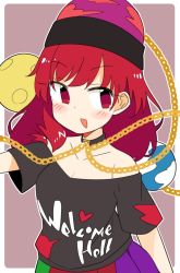 Rule 34 | 1girl, arm up, bare shoulders, black choker, black headwear, black neckwear, black shirt, black sleeves, blush, border, breasts, brown background, chain, choker, clothes writing, earth (ornament), eyes visible through hair, gold chain, green skirt, hand up, heart, heart print, hecatia lapislazuli, highres, ini (inunabe00), looking to the side, medium breasts, medium hair, moon (ornament), multicolored clothes, multicolored skirt, off shoulder, open mouth, purple headwear, purple skirt, red eyes, red hair, red headwear, red skirt, shirt, short sleeves, simple background, skirt, smile, solo, t-shirt, touhou, white border