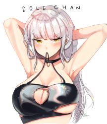 Rule 34 | 1girl, absurdres, armpits, arms behind head, arms up, artist name, bad id, bad pixiv id, black choker, blunt bangs, blush, breasts, choker, cleavage, closed mouth, collarbone, dolechan, dungeon and fighter, hair tie, halterneck, highres, large breasts, long hair, looking at viewer, mole, mole on armpit, mouth hold, original, sidelocks, silver hair, simple background, solo, standing, underboob, upper body, white background, yellow eyes