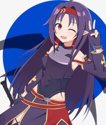 Rule 34 | 1girl, ;d, absurdres, ahoge, armor, bare shoulders, breastplate, covered navel, fingerless gloves, gloves, hairband, highres, holding, holding sword, holding weapon, long hair, looking at viewer, one eye closed, open mouth, paralier, pointy ears, purple armor, purple gloves, purple hair, red eyes, red hairband, smile, solo, sword, sword art online, upper body, v, weapon, yuuki (sao)