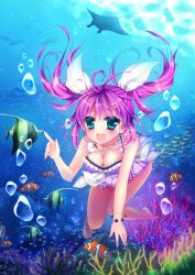 Rule 34 | 00s, 1girl, :d, aqua eyes, bad id, bad pixiv id, barefoot, blush, bracelet, breasts, bubble, clam, cleavage, clownfish, collarbone, coral, diving, fish, freediving, hair ribbon, highres, jewelry, long hair, mikazuki sara, necklace, open mouth, pink one-piece swimsuit, purple hair, ribbon, skate, smile, solo, swimming, swimsuit, twintails, umi monogatari, underwater, urin (umi monogatari)