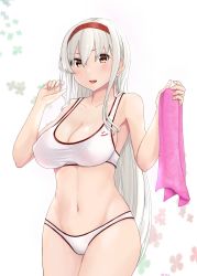 Rule 34 | 1girl, :d, alternate costume, bare shoulders, bikini, blush, breasts, brown eyes, cleavage, collarbone, commentary request, covered erect nipples, hair between eyes, hairband, highres, holding, holding towel, jouzaburou (joe3), kantai collection, large breasts, long hair, midriff, navel, open mouth, pink towel, red hairband, shoukaku (kancolle), silver hair, smile, solo, swimsuit, towel, very long hair, white background, white bikini