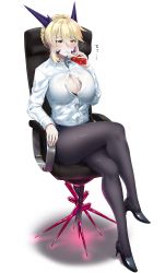 Rule 34 | 1girl, artoria pendragon (all), artoria pendragon (fate), artoria pendragon (lancer alter) (fate), black pantyhose, blonde hair, blouse, braid, breasts, brown eyes, chair, cleavage, crossed legs, fate/grand order, fate (series), formal, full body, hair between eyes, highres, hitotsuki nebura, juice, juice box, large breasts, office chair, open clothes, open shirt, pantyhose, pencil skirt, saber (fate), saber alter, shirt, short hair, simple background, sitting, skirt, solo, suit, swivel chair, thighs, tomato juice, white background