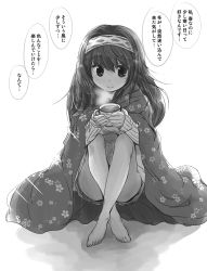 Rule 34 | 1girl, absurdres, arms on knees, bare legs, barefoot, blanket, closed mouth, coffee mug, convenient leg, crossed legs, cup, floral print, full body, greyscale, hair intakes, hairband, highres, holding, holding cup, idolmaster, idolmaster cinderella girls, kino-sr, knees up, long hair, long sleeves, looking at viewer, messy hair, monochrome, mug, ribbed sweater, sagisawa fumika, shorts, sitting, smile, solo, sparkle, steam, sunlight, sweater, swept bangs, translation request, white background