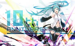 Rule 34 | 1girl, :d, anniversary, aqua eyes, aqua hair, aqua nails, armpit peek, bare shoulders, belt, black footwear, black skirt, boots, breasts, commentary, detached sleeves, english text, facial mark, hatsune miku, highres, long hair, looking away, looking to the side, medium breasts, midriff, nail polish, navel, open mouth, pleated skirt, shirt, skirt, sleeveless, sleeveless shirt, smile, solo, standing, standing on one leg, sugi 214, thigh boots, thighhighs, twintails, vocaloid, zettai ryouiki