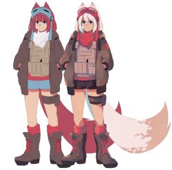 Rule 34 | 1girl, animal ears, azuumori, bandaid, bandaid on cheek, bandaid on face, bandana, boots, brown footwear, brown jacket, bulletproof vest, closed mouth, dual persona, goggles, goggles on headwear, hands in pockets, jacket, long tail, medium hair, multiple views, open clothes, open jacket, original, pouch, red hair, red legwear, scar, scar on face, scar on nose, smile, socks, standing, tactical clothes, tail, thigh strap, white background