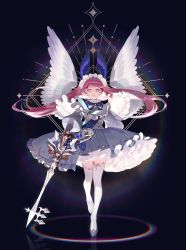 Rule 34 | 1girl, absurdres, angel wings, blue background, dress, feathered wings, full body, head wings, highres, lolita fashion, long hair, long sleeves, looking at viewer, on (onon2659), original, pink hair, purple eyes, solo, sword, thighhighs, tiara, twintails, weapon, white thighhighs, wings