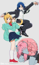 Rule 34 | 3girls, :/, alternate costume, arm up, black jacket, black necktie, black pants, black skirt, black socks, blazer, blonde hair, blue hair, blunt bangs, bocchi the rock!, bow, bowtie, closed mouth, clutching head, collage, colored skin, commentary request, despair, dress shirt, dress shoes, floating hair, formal, full body, gotoh hitori, green hoodie, grey background, grey skin, hands on own head, hands up, highres, hood, hood down, hoodie, hunched over, ijichi nijika, jacket, jumping, kneehighs, kneeling, loafers, long hair, long sleeves, mole, mole under eye, multiple girls, necktie, open clothes, open hoodie, orange eyes, outstretched arms, own hands together, pants, pink hair, pink jacket, pleated skirt, polka dot bowtie, rainbow outline, red bow, red bowtie, scene reference, shirt, shoes, short hair, side ponytail, simple background, skirt, smile, sneakers, socks, sofa (enogunomu), spread arms, suit, track jacket, twitter username, white shirt, white socks, yamada ryo, yellow eyes