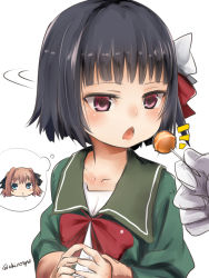 Rule 34 | 1girl, akino shuu, black hair, black ribbon, bow, brown hair, candy, chestnut mouth, food, food in mouth, gloves, green jacket, green sailor collar, hachijou (kancolle), hair bow, hair ribbon, holding, holding candy, holding food, holding lollipop, ishigaki (kancolle), jacket, kantai collection, lollipop, long sleeves, looking away, looking to the side, mouth hold, open mouth, out of frame, red bow, red eyes, ribbon, sailor collar, short hair, simple background, solo focus, spoken character, steepled fingers, twitter username, upper body, white background, white bow, white gloves