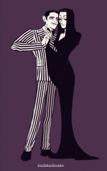 Rule 34 | 1boy, 1girl, addams family, black dress, black hair, bow, bowtie, couple, dress, facial hair, formal, gomez addams, half-closed eyes, hetero, highres, holding hands, ka ji, long dress, long hair, looking at another, morticia addams, mustache, purple background, short hair, smile, striped suit, suit