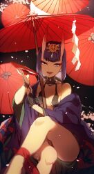Rule 34 | 1girl, alcohol, ankle ribbon, bare shoulders, bob cut, breasts, collarbone, crossed legs, cup, eyeliner, fate/grand order, fate (series), headpiece, highres, horns, japanese clothes, kimono, leg ribbon, long sleeves, looking at viewer, makeup, no-kan, off shoulder, oil-paper umbrella, oni, open mouth, pouring, purple eyes, purple hair, purple kimono, red ribbon, revealing clothes, ribbon, sakazuki, sake, short hair, shuten douji (fate), sitting, skin-covered horns, small breasts, smile, thighs, umbrella, wide sleeves