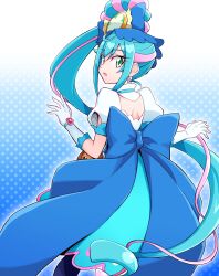 Rule 34 | 1girl, ankle bow, ankle ribbon, back, back bow, blue background, blue bow, blue eyes, blue hair, blue pantyhose, bow, brooch, bun cover, cone hair bun, cure spicy, delicious party precure, dress, earrings, fuwa kokone, gloves, gradient background, green eyes, hair bow, hair bun, hair ornament, heart, heart brooch, highres, huge bow, jewelry, long hair, looking at viewer, magical girl, medium dress, pam-pam (precure), pantyhose, precure, ribbon, side ponytail, smile, triple bun, usoco, very long hair, white gloves, white stripes, wide ponytail