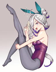 Rule 34 | 1girl, ahoge, animal ears, asashimo (kancolle), breasts, fake animal ears, full body, gradient background, grey background, grey eyes, grey pantyhose, hair over one eye, highres, igarashi mangou, kantai collection, leotard, long hair, open mouth, pantyhose, plantar flexion, playboy bunny, ponytail, purple leotard, rabbit ears, rabbit tail, sharp teeth, silver hair, small breasts, solo, strapless, strapless leotard, tail, teeth, water gun, white background