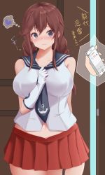 Rule 34 | 1girl, 88942731ne, anchor symbol, black sailor collar, blouse, braid, breasts, broken heart, brown hair, cellphone, commentary request, cowboy shot, crying, crying with eyes open, gloves, green eyes, heart, highres, kantai collection, large breasts, long hair, midriff, necktie, noshiro (kancolle), phone, pleated skirt, red skirt, runny nose, sailor collar, school uniform, serafuku, shirt, skirt, sleeveless, sleeveless shirt, smartphone, snot, snot trail, solo, streaming tears, swept bangs, tears, thought bubble, twin braids, white gloves