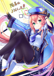 Rule 34 | 1girl, absurdly long hair, ahoge, belt, black gloves, black pantyhose, black shorts, blue hat, blue necktie, bracelet, chabaneko, dress shirt, floating hair, gloves, green eyes, hair between eyes, hair ornament, hairclip, hat, highres, invisible chair, jewelry, long hair, looking at viewer, necktie, original, pantyhose, pantyhose under shorts, red hair, shirt, short necktie, short shorts, shorts, sitting, smile, solo, twintails, tyaba neko, uniform, very long hair, white shirt