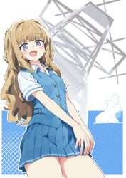 Rule 34 | 1girl, :d, blonde hair, blue eyes, blue uniform, blush, cross channel, highres, long hair, looking at viewer, miniskirt, open mouth, power lines, raised eyebrows, school uniform, short sleeves, simple background, skirt, smile, solo, totomono, wide-eyed, yamanobe miki