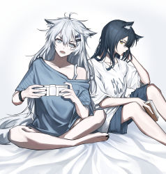 Rule 34 | 2girls, absurdres, alternate costume, animal ear fluff, animal ears, antenna hair, arknights, bare legs, barefoot, black hair, black nails, blue shirt, blue shorts, book, casual, closed mouth, collar, collarbone, controller, ear piercing, grey eyes, hand in own hair, highres, holding, holding book, holding controller, indian style, lappland (arknights), long hair, looking at viewer, material growth, multiple girls, nail polish, off shoulder, oripathy lesion (arknights), piercing, playing games, senkane, shirt, shorts, simple background, single bare shoulder, sitting, smile, sweater, tail, texas (arknights), toenail polish, toenails, v-shaped eyebrows, very long hair, watch, white background, white hair, white sweater, wolf ears, wolf girl, wolf tail, wristwatch, yellow eyes