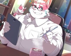 Rule 34 | 1boy, :3, animal ears, bara, character doll, collared shirt, commission, cup, drawing tablet, dutch angle, furry, furry male, glasses, grin, highres, holding, holding tablet pc, indoors, large pectorals, leoandaslan (leobongnana), looking at viewer, male focus, mug, muscular, muscular male, original, pectorals, pink fur, shirt, short hair, smile, solo, tablet pc, thick eyebrows, upper body, white hair, window, wolf boy, wolf ears