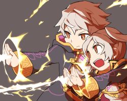 Rule 34 | 1boy, 1girl, closed mouth, electricity, fire emblem, fire emblem awakening, grey background, long sleeves, nintendo, open mouth, robe, robin (female) (fire emblem), robin (fire emblem), robin (male) (fire emblem), short hair, shunrai, simple background, twintails, white hair