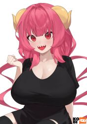 Rule 34 | 1girl, :d, arm support, artist logo, artist name, black shirt, black thighhighs, breasts, cleavage, clenched hand, commentary, curled horns, dragon girl, dragon horns, hand up, highres, horns, huge breasts, ilulu (maidragon), kobayashi-san chi no maidragon, kobi420, light blush, long hair, looking at viewer, open mouth, pink hair, red eyes, sharp teeth, shirt, short sleeves, simple background, sitting, slit pupils, smile, solo, symbol-only commentary, teeth, thighhighs, very long hair, white background, yellow horns