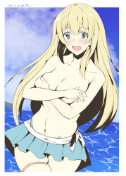 Rule 34 | 1girl, aqua bikini, artist name, atago (kancolle), beach, bikini, bikini bottom only, bikini skirt, blonde hair, blue eyes, blue sky, blurry, blurry background, blush, border, breasts, cleavage, cloud, cloudy sky, collarbone, covering privates, covering breasts, cowboy shot, dated, embarrassed, highres, kantai collection, large breasts, long hair, looking at viewer, navel, ocean, open mouth, outdoors, sky, solo, swimsuit, taira yuuki, thigh strap, topless, water, white border