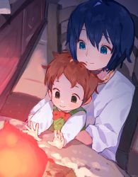 Rule 34 | 2boys, blue eyes, blue hair, bow, bowtie, brown hair, calcifer, chair, character request, child, commentary, dress, english commentary, fire, green eyes, highres, holding, howl (howl no ugoku shiro), howl no ugoku shiro, indoors, jewelry, long sleeves, markl, multiple boys, necklace, nemui (nemuriyagi), outstretched arms, short hair, sitting, smile