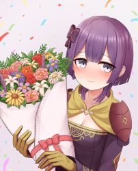 Rule 34 | 1girl, absurdres, armor, atorie, bernadetta von varley, blush, bob cut, bouquet, closed mouth, collarbone, commentary request, confetti, dress, fire emblem, fire emblem: three houses, flower, gloves, grey eyes, hair ribbon, highres, holding, holding bouquet, leaf, looking at viewer, nintendo, pauldrons, purple dress, purple flower, purple hair, purple ribbon, red flower, ribbon, short hair, shoulder armor, simple background, solo, white background, white flower, yellow flower, yellow gloves