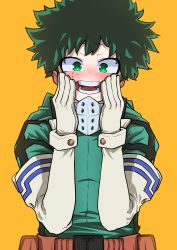 Rule 34 | 1girl, absurdres, belt, blush, bodysuit, boku no hero academia, brown belt, commentary request, dot nose, elbow gloves, freckles, gloves, green bodysuit, green eyes, green hair, hands on own cheeks, hands on own face, happy, highres, jipponwazaari, looking at viewer, mask, midoriya izuku, mouth mask, open mouth, orange background, short hair, simple background, solo, toga himiko, upper body, white gloves