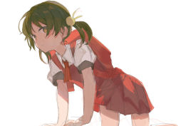 Rule 34 | 1girl, all fours, ascot, backpack, bag, commentary, dress, expressionless, green hair, kaai yuki, looking at viewer, miniskirt, note55885, pleated skirt, red ascot, red dress, red skirt, school uniform, shirt, short hair, short twintails, sketch, skirt, solo, twintails, vocaloid, white background, white shirt, yellow eyes