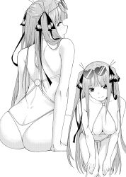 Rule 34 | 1girl, absurdres, ass, back, bare shoulders, bikini, black ribbon, blunt bangs, blush, breasts, breasts squeezed together, butt crack, butterfly hair ornament, cleavage, closed mouth, collarbone, eyelashes, eyewear on head, fingernails, go-toubun no hanayome, greyscale, hair ornament, hair over shoulder, hair ribbon, hands on own knees, head tilt, heart, heart-shaped eyewear, highres, knees together feet apart, kosmos beta, leaning forward, legs, long hair, looking at viewer, looking back, medium breasts, monochrome, multiple views, nakano nino, navel, o-ring, o-ring bikini, o-ring top, ribbon, seductive smile, sidelocks, simple background, sitting, skindentation, smile, standing, straight hair, sunglasses, swimsuit, thigh gap, thighs, two side up, very long hair, white background