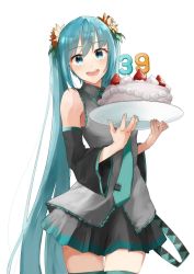 Rule 34 | 1girl, 39, aqua eyes, aqua hair, bare shoulders, birthday cake, boots, cake, detached sleeves, food, hair ornament, hatsune miku, highres, long hair, looking at viewer, necktie, open mouth, smile, thigh boots, thighhighs, twintails, very long hair, vocaloid, white background, zettai ryouiki, zzz owo
