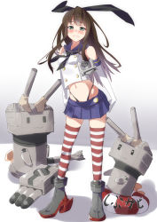 Rule 34 | 1girl, ankle boots, black panties, blush, boots, brown hair, cosplay, crossover, elbow gloves, full body, gloves, green eyes, grey footwear, hairband, highleg, highleg panties, idolmaster, idolmaster cinderella girls, kantai collection, lifebuoy, long hair, looking at viewer, microskirt, navel, panties, rensouhou-chan, school uniform, season connection, shibuya rin, shimakaze (kancolle), shimakaze (kancolle) (cosplay), simple background, skirt, solo, striped clothes, striped thighhighs, swim ring, tears, thighhighs, torpedo, underwear, white gloves, yuuzuki (re&#039;ef), zettai ryouiki