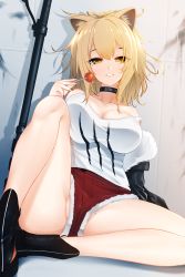 Rule 34 | 1girl, absurdres, animal ear fluff, animal ears, arknights, bare legs, black choker, black footwear, blonde hair, breasts, brown eyes, candy, choker, cleavage, collarbone, commentary, cutoffs, food, hair between eyes, hand up, highres, holding, holding food, knee up, large breasts, lion ears, lollipop, looking at viewer, nail polish, red shorts, shadow, shoes, short hair, short shorts, shorts, siege (arknights), sitting, solo, strap slip, tank top, thighs, white tank top, z.taiga