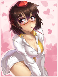 Rule 34 | 1girl, bad id, bad pixiv id, bespectacled, blush, bottomless, breasts, brown hair, cleavage, collarbone, dress shirt, female focus, food, glasses, hat, heart, large breasts, leaf print, looking at viewer, mouth hold, naked shirt, pocky, pointy ears, red eyes, shameimaru aya, shirt, solo, taketora suzume, tokin hat, touhou