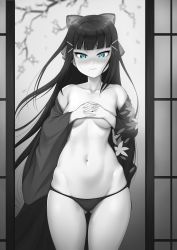 Rule 34 | 1girl, aqua eyes, artist name, artist request, black hair, black panties, blunt bangs, bow, breasts, cherry blossoms, closed mouth, covering privates, covering breasts, cowboy shot, female focus, floating hair, flower, green eyes, greyscale, hair bow, hair ornament, hairclip, highres, japanese clothes, kimono, kurosawa dia, long hair, looking at viewer, love live!, love live! sunshine!!, medium breasts, mole, mole under mouth, monochrome, navel, open clothes, open kimono, panties, pink bow, pink flower, sliding doors, solo, stomach, string panties, underwear, unsfrau, very long hair, wind