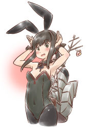 Rule 34 | 1girl, adapted costume, animal ears, arms up, black eyes, black hair, black leotard, black pantyhose, blue eyes, blue ribbon, bow, commentary request, covered navel, cowboy shot, detached collar, fake animal ears, fubuki (kancolle), fubuki kai ni (kancolle), heart lock (kantai collection), highres, kantai collection, karasu (naoshow357), leotard, long hair, looking at viewer, low ponytail, machinery, neck ribbon, pantyhose, playboy bunny, ponytail, rabbit ears, rabbit girl, rabbit pose, ribbon, school uniform, serafuku, short ponytail, sidelocks, smokestack, solo, standing, strapless, strapless leotard, wrist cuffs