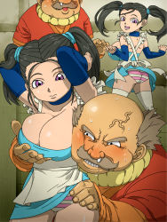 Rule 34 | 00s, 1girl, apron, balding, blue dragon, bouquet (blue dragon), breasts, cleavage, clothes lift, fat, fat man, grabbing, grabbing another&#039;s breast, groping, highres, huge breasts, miniskirt, molestation, old, old man, panties, pink panties, public indecency, saliva, skirt, skirt lift, striped clothes, striped panties, twintails, underwear, upskirt, waitress