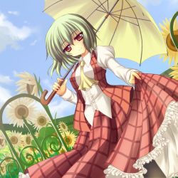 Rule 34 | 1girl, a flow, ascot, bad id, bad pixiv id, between breasts, blouse, breasts, clothes between breasts, clothes lift, day, dutch angle, female focus, fence, flower, garden, green hair, kazami yuuka, pantyhose, plaid, plaid skirt, plaid vest, puffy sleeves, red eyes, shirt, short hair, skirt, skirt lift, skirt set, sky, solo, sunflower, touhou, umbrella, vest