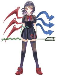 Rule 34 | 1girl, asymmetrical wings, black dress, black hair, black thighhighs, bow, bowtie, dress, full body, highres, houjuu nue, looking at viewer, nanasuou, polearm, red bow, red eyes, red footwear, shoes, short dress, short hair, short sleeves, snake, solo, standing, thighhighs, touhou, trident, weapon, wings, zettai ryouiki