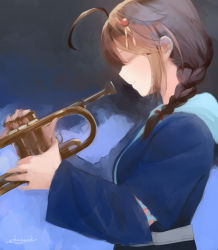 Rule 34 | 1girl, ahoge, blue background, braid, brown hair, chagen kokimu, closed eyes, closed mouth, commentary request, from side, hair between eyes, hair flaps, hair ornament, hair ribbon, holding, holding instrument, instrument, kantai collection, long hair, long sleeves, official alternate costume, profile, ribbon, shigure (kancolle), shigure kai ni (kancolle), signature, simple background, single braid, solo, trumpet, wide sleeves