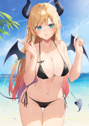 Rule 34 | 1girl, absurdres, bikini, black bikini, blonde hair, blue eyes, blush, breasts, chest tattoo, cleavage, collarbone, demon girl, demon horns, demon tail, demon wings, highres, hololive, horns, large breasts, long hair, looking at viewer, open mouth, outdoors, pointy ears, revision, side-tie bikini bottom, solo, string bikini, swimsuit, taht (that is mm), tail, tattoo, virtual youtuber, wings, yuzuki choco