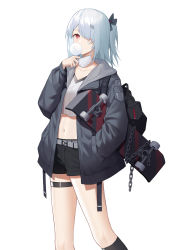 Rule 34 | 1girl, backpack, bag, belt, black jacket, black socks, black shorts, bow, blowing bubbles, chain, collarbone, crop top, hair bow, hair ornament, hair over one eye, hairclip, hand in pocket, highres, jacket, kneehighs, long sleeves, looking at viewer, mask, mask pull, medium hair, midriff, mouth mask, navel, one side up, open clothes, open jacket, original, puffy sleeves, red eyes, shirt, short shorts, shorts, simple background, skateboard, socks, solo, stomach, thigh strap, thighs, white background, white hair, white shirt, youx