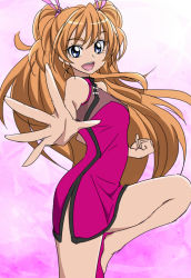 Rule 34 | 10s, 1girl, blue eyes, china dress, chinese clothes, dress, houjou hibiki, long hair, looking at viewer, oimanji, open mouth, orange hair, pink background, precure, sketch, solo, standing, standing on one leg, suite precure