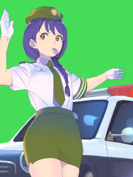 Rule 34 | 1girl, blue hair, breast pocket, brown eyes, car, enkyo yuuichirou, female service cap, gloves, green background, green hat, green necktie, green skirt, hat, highres, hisho collection, long hair, looking to the side, motor vehicle, mouth hold, necktie, original, pencil skirt, pocket, police, police car, police uniform, policewoman, shirt, simple background, skirt, solo, uniform, whistle, white gloves, white shirt