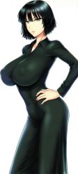 Rule 34 | 1girl, absurdres, black dress, black hair, breasts, covered navel, dress, covered erect nipples, fubuki (one-punch man), green eyes, highres, huge breasts, impossible clothes, one-punch man, short hair, solo, st.germain-sal, standing