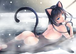 Rule 34 | 1girl, animal ears, ass, back, bad id, bad pixiv id, black hair, blue eyes, breasts, cat ears, cat girl, cat tail, drooling, finger in own mouth, finger to mouth, from behind, highres, long hair, looking at viewer, looking back, lying, nude, on stomach, onsen, open mouth, original, outdoors, partially submerged, sakurai unan, saliva, shoulder blades, small breasts, snow, snowing, solo, steam, tail, winter