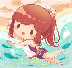 Rule 34 | 1girl, barefoot, blue one-piece swimsuit, blush, brown hair, bubble, chibi, fish, highres, i-401 (kancolle), kantai collection, long hair, nada namie, one-piece swimsuit, open mouth, orange sailor collar, partially submerged, partially underwater shot, ponytail, sailor collar, sand, sidelocks, signature, sleeveless, solo, swimming, swimsuit, swimsuit under clothes, underwater, water