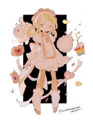 Rule 34 | 1girl, arms at sides, asuka momoko, blonde hair, brown eyes, cake, cake slice, character name, closed mouth, commentary, cookie, dress, food, full body, hair rings, long hair, looking at viewer, magical girl, maid headdress, ojamajo doremi, puffy short sleeves, puffy sleeves, rainbow cake, ronoh (jill), shoes, short sleeves, smile, solo, standing, symbol-only commentary, white dress