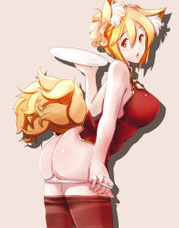 Rule 34 | 1girl, alternate costume, alternate hairstyle, animal ears, ass, bare shoulders, blonde hair, bun cover, chinese clothes, clothes pull, dearmybrothers, double bun, female focus, fox ears, fox tail, hair bun, highres, no headwear, orange eyes, panties, panty pull, pantyhose, pantyhose pull, plate, short hair, simple background, solo, tail, touhou, underwear, white panties, yakumo ran