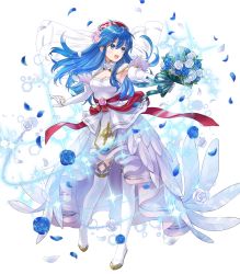 Rule 34 | 1girl, blue eyes, blue flower, blue hair, boots, bouquet, breasts, bridal veil, cleavage, detached collar, dress, elbow gloves, feather trim, female focus, fire emblem, fire emblem: the binding blade, fire emblem heroes, flower, full body, gloves, gold trim, hair ornament, highres, holding, holding bouquet, kaya8, lilina (fire emblem), long hair, matching hair/eyes, medium breasts, nintendo, non-web source, official alternate costume, official art, open mouth, petals, sidelocks, smile, solo, thigh boots, thighhighs, transparent background, veil, wedding dress, white dress, white flower, white gloves, white thighhighs
